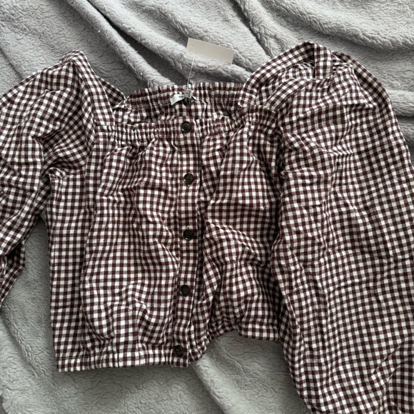Madewell Puff Sleeve Button Front Crop Top in brown gingham - Picture 10 of 10